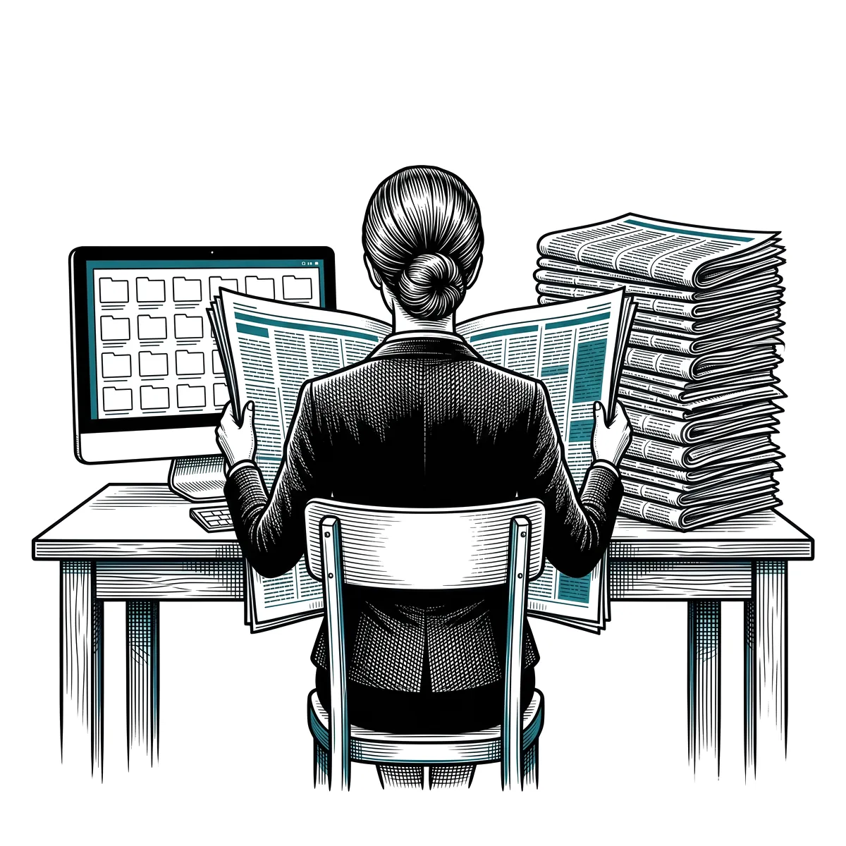 Drawing: Kelly, the news agent, seen from behind at a desk with newspapers and a screen