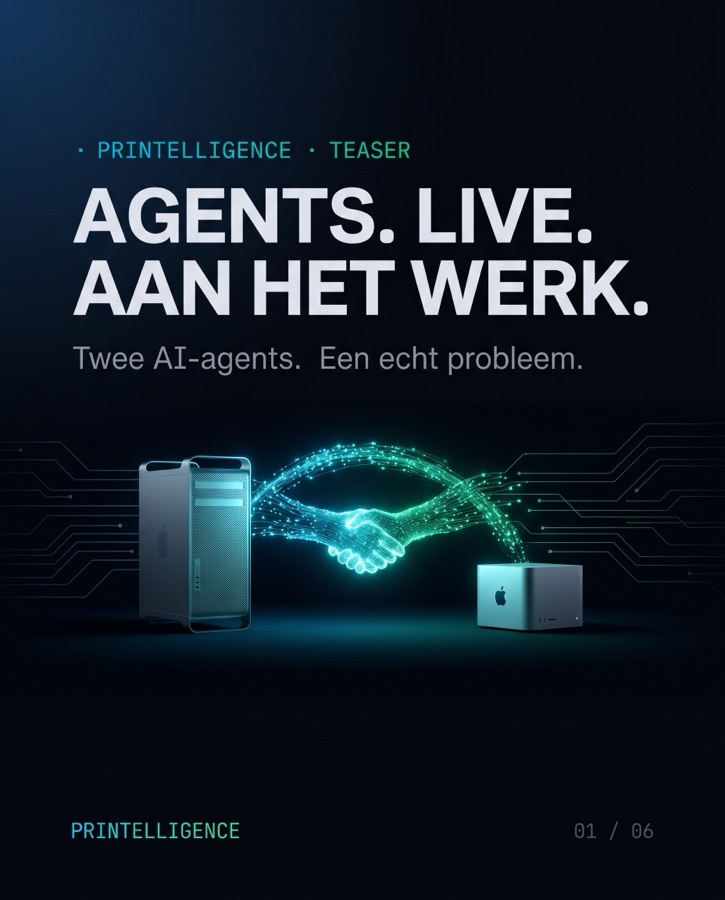 First slide of the carousel: Agents. Live. At work. Two AI agents, a real problem