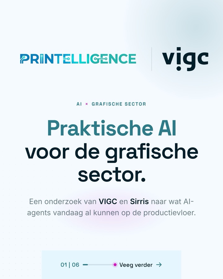 First slide of the carousel: Practical AI for the printing industry, a research project by VIGC and Sirris