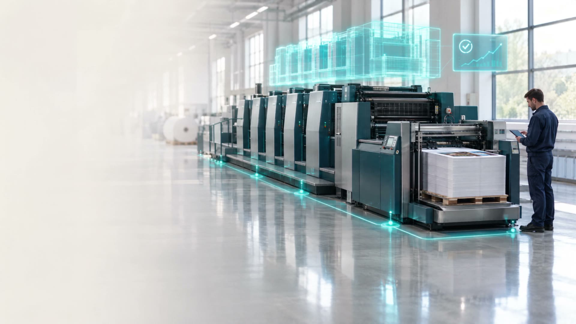 Een operator aan een offsetpers, met datalijnen over de vloer