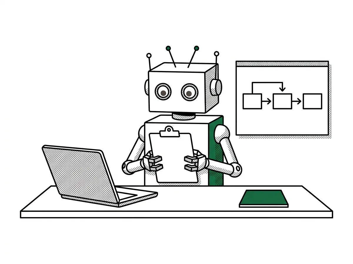 Tekening: een robot met klembord tussen een laptop en een workflowschema