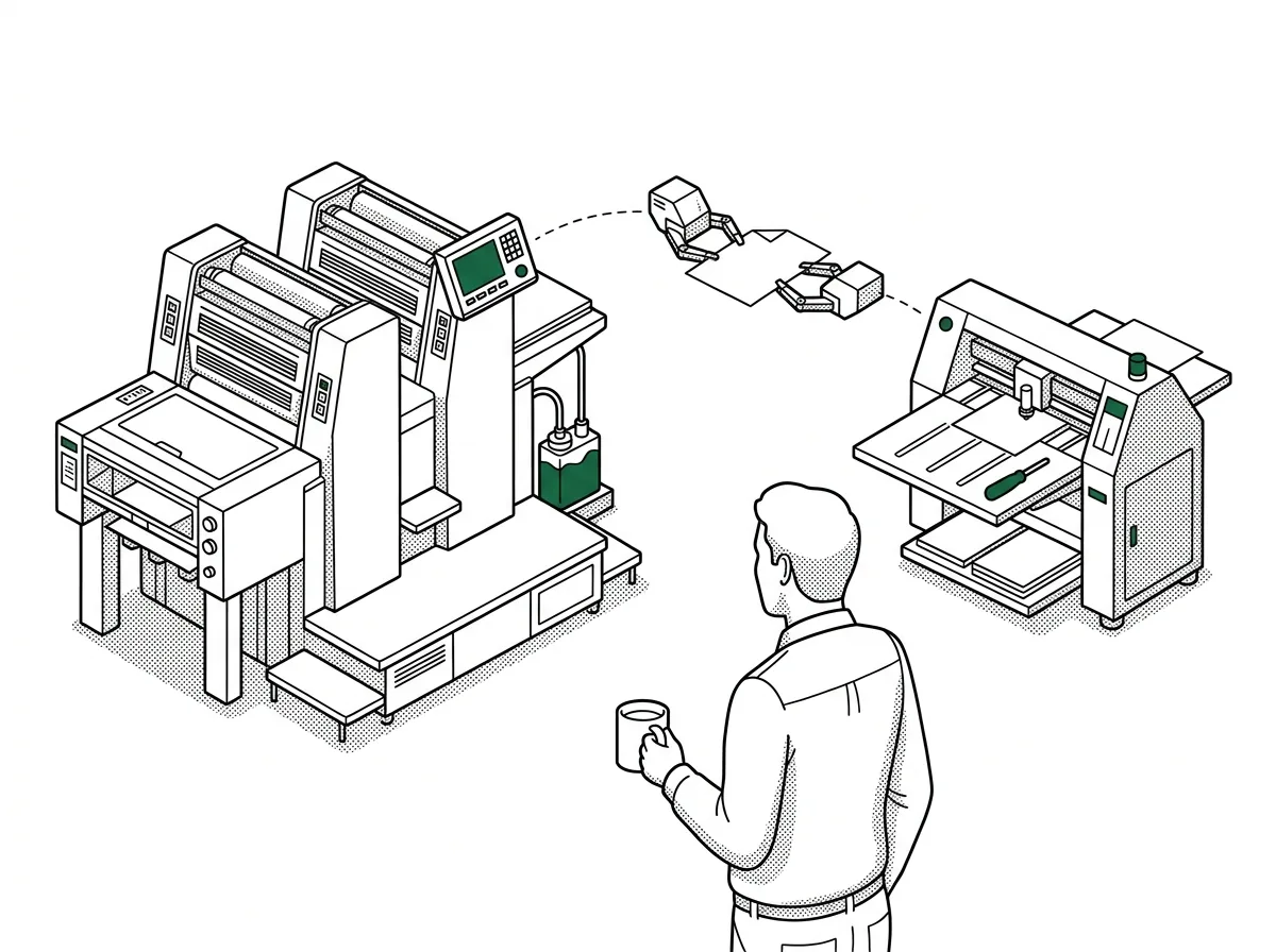 Tekening: twee machines, twee kleine robots die een vel doorgeven, iemand kijkt toe