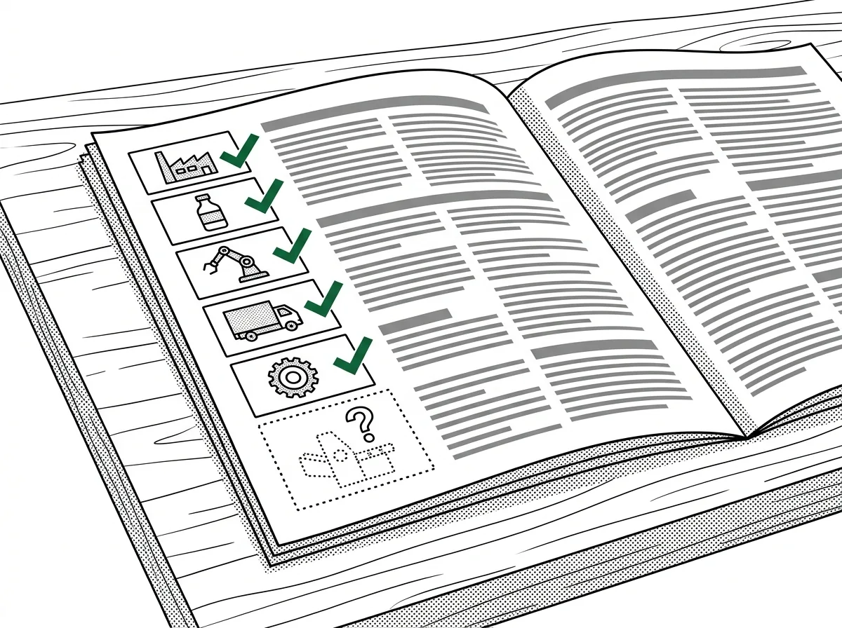 Tekening: een krant met een lijst bedrijven en een lege plek voor de drukkerij