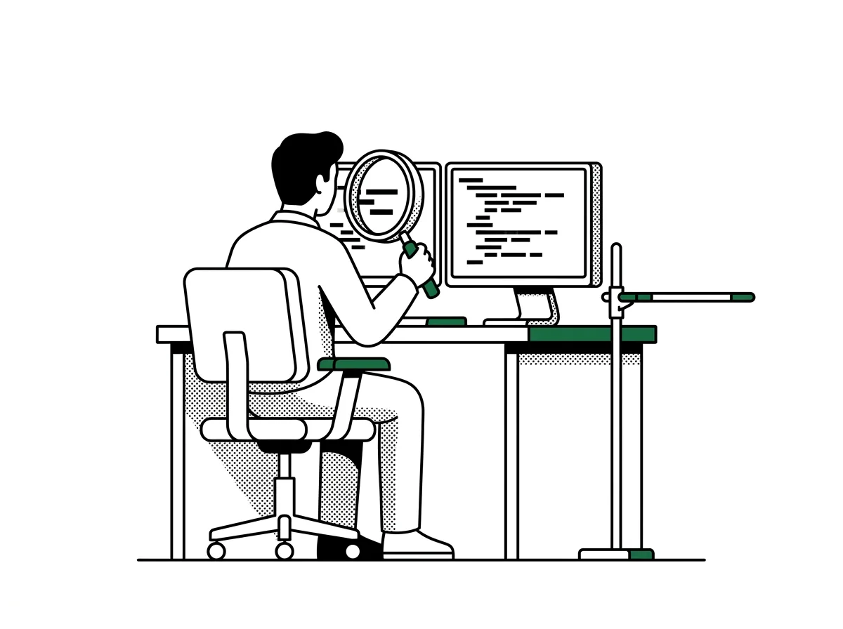Tekening: een ontwikkelaar van achteren bekijkt code met een vergrootglas, de lat staat hoog