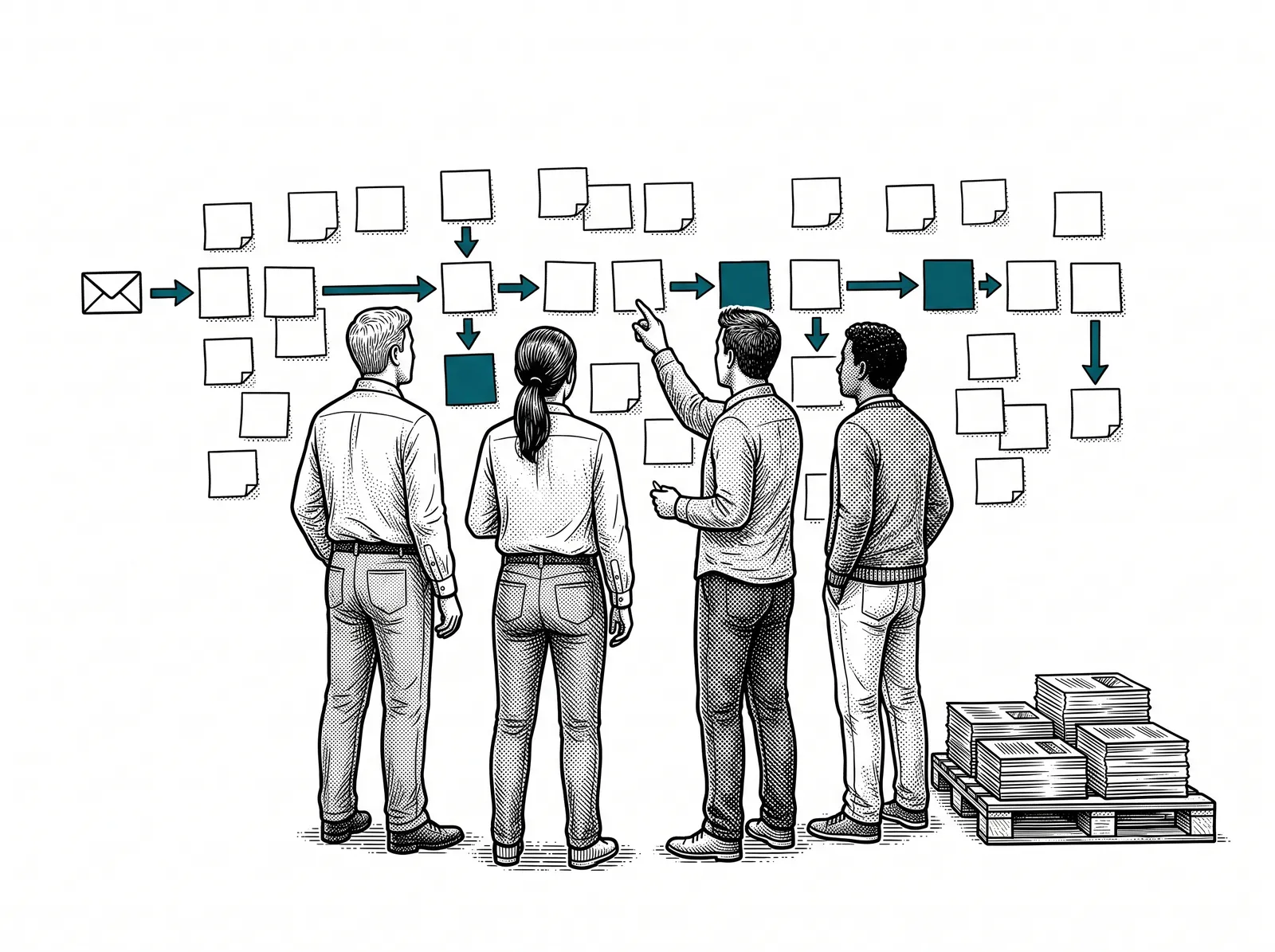 Inkttekening: een team plakt de weg van een order op de muur, van klantmail tot pallet