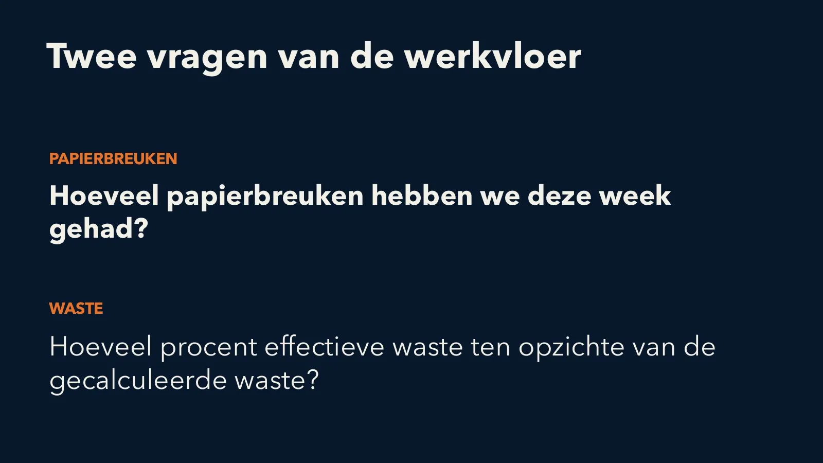 Slide: twee vragen van de werkvloer. Hoeveel papierbreuken hebben we deze week gehad? Hoeveel procent effectieve waste ten opzichte van de gecalculeerde waste?