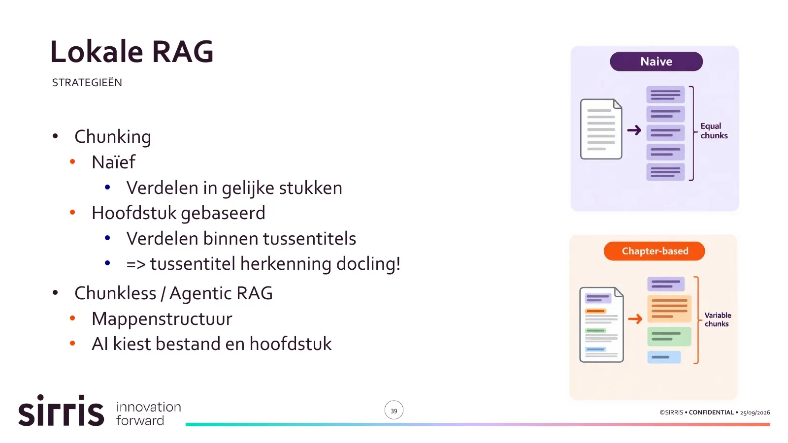 Slide: chunking. Naïef knippen in gelijke stukken tegenover knippen per hoofdstuk, binnen de tussentitels.